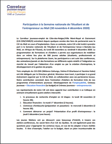 Participation à la Semaine nationale de l’étudiant et de l’entrepreneur au Mali (30 novembre – 4 décembre 2020)