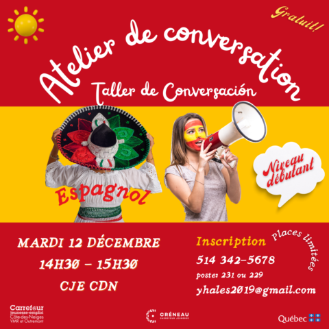 Atelier de conversation – Espagnol niveau débutant | Mardi 12 décembre de 14h30 à 15h30