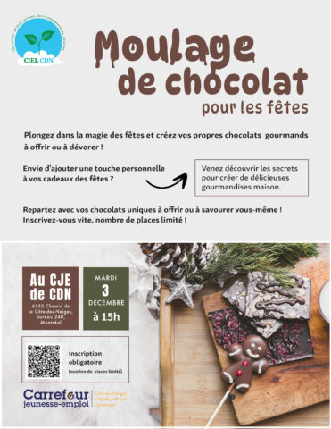Atelier de moulage de chocolat mardi 15h au CJECDN