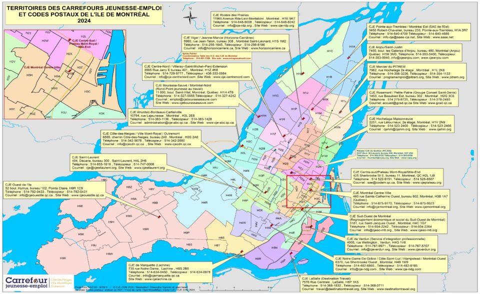 Territoires des CJE et codes postaux de l&rsquo;île de Montréal
