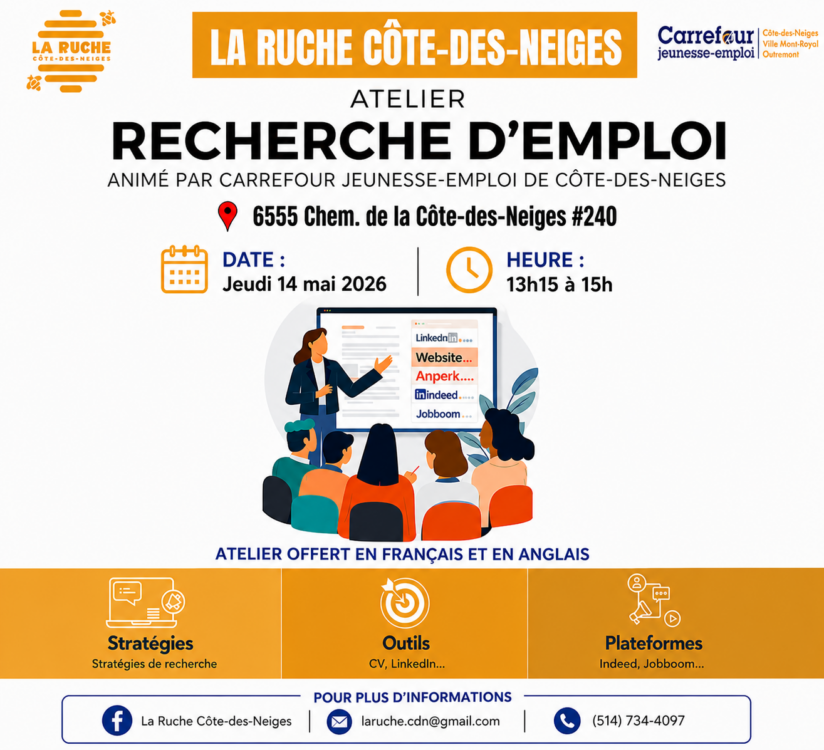 Atelier sur la recherche d’emploi – Jeudi 14 mai 2026 – 13h14 – 15h